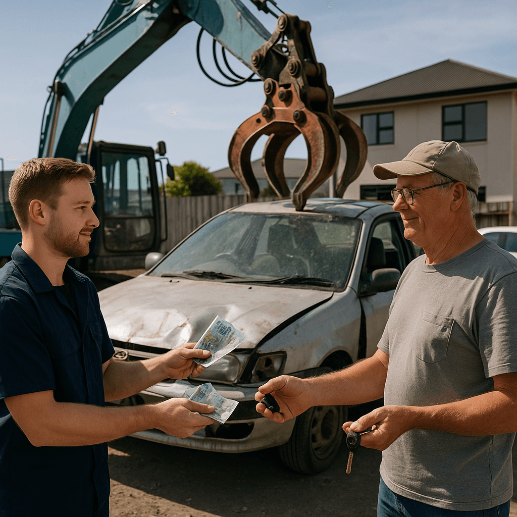 man paying for a scrap toyota in christchurch