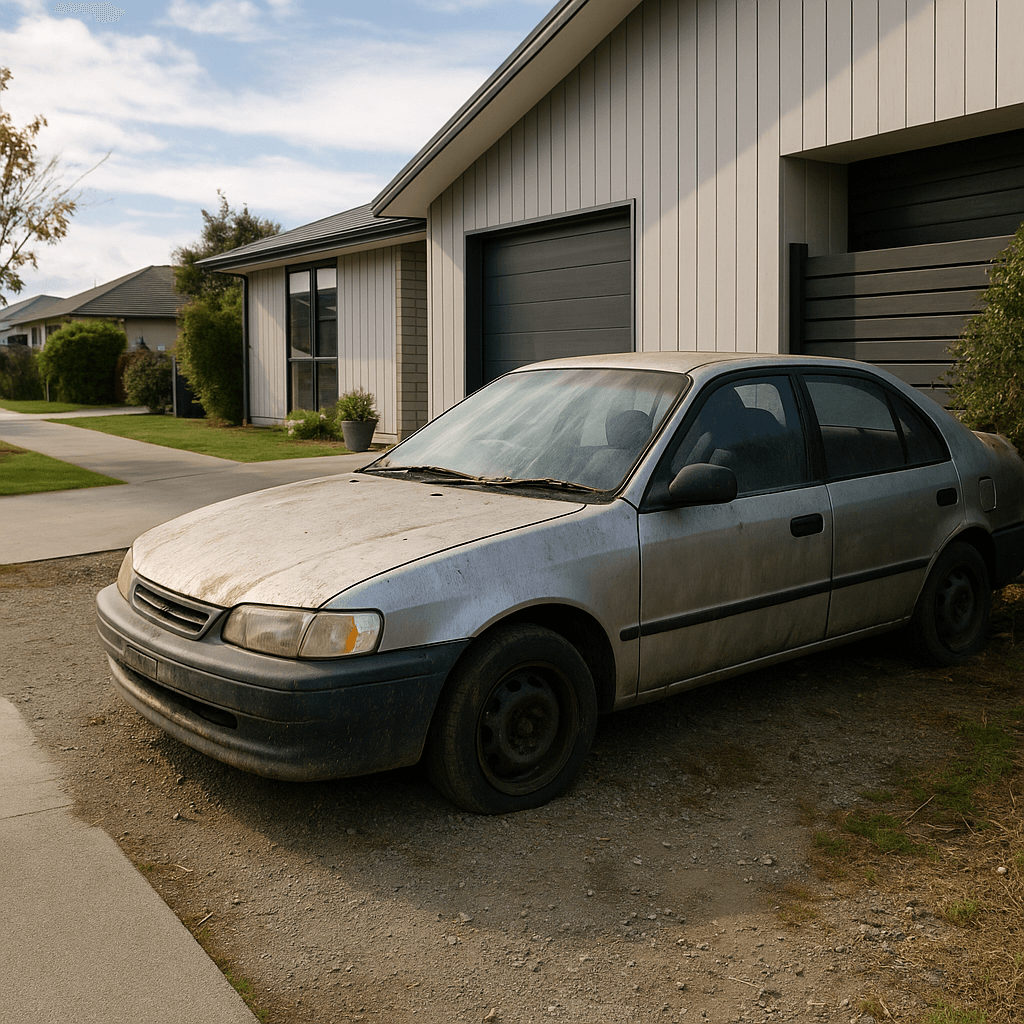 Photorealistic image showing an abandoned car on residential property creating an eyesore and potential environmental hazard.