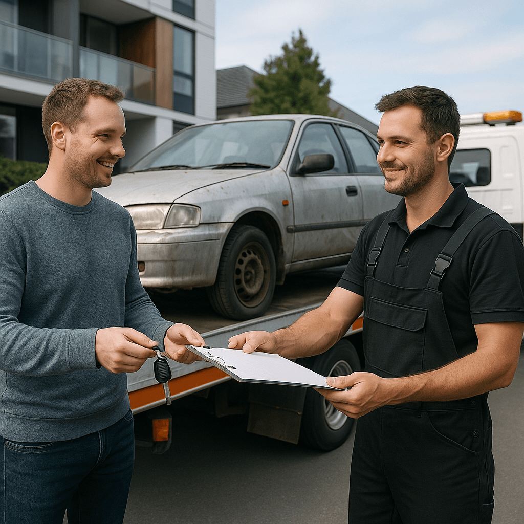 Photorealistic image showing a tow truck removing an old car, representing free car removal services in Christchurch.