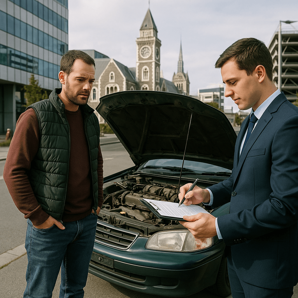 Photorealistic image showing a car owner discussing options with a professional buyer for a non-running car