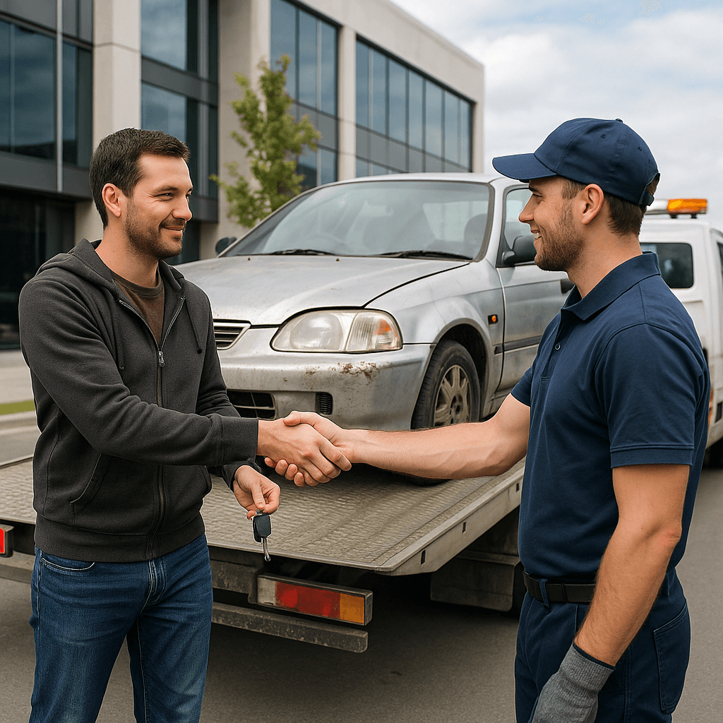 Photorealistic image showing a tow truck removing an old scrap car from a residential property