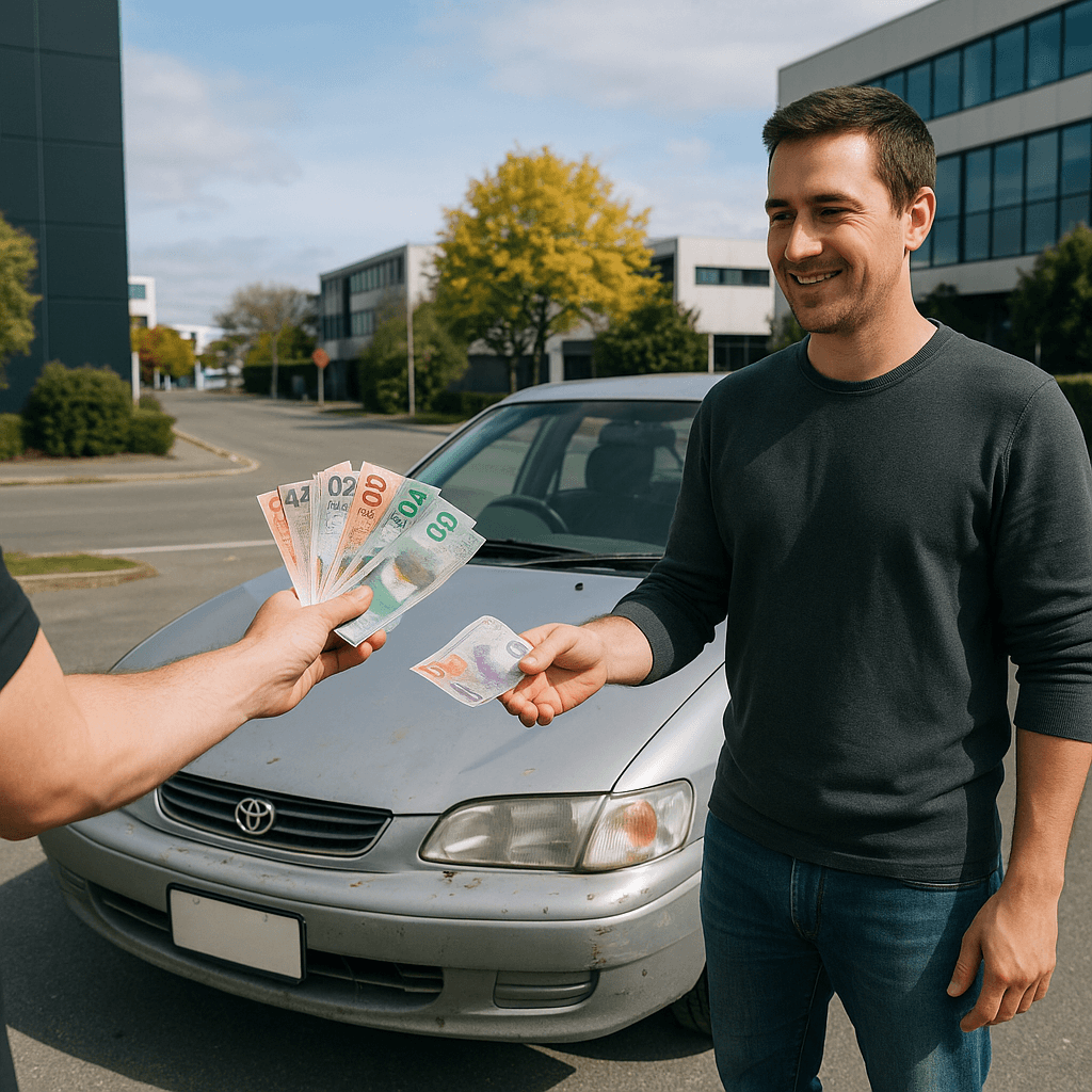 Photorealistic image showing the process of assessing an old Toyota car for scrapping