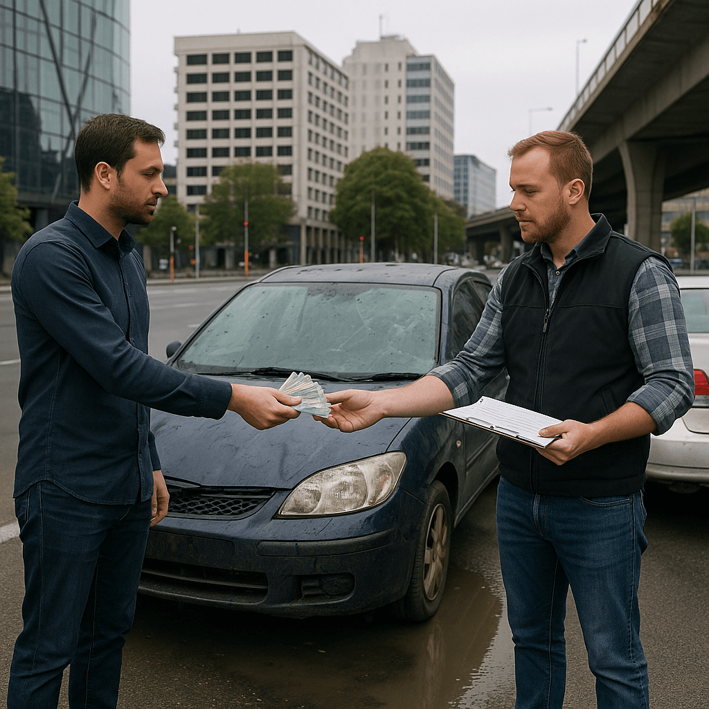 Photorealistic image showing a damaged car that has experienced flood or hail impact.