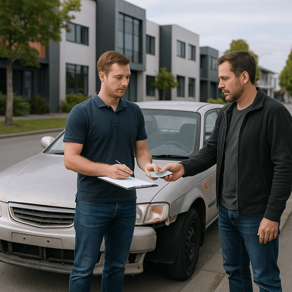 Photorealistic image showing a car on sale missing WOF and Rego certificates in New Zealand
