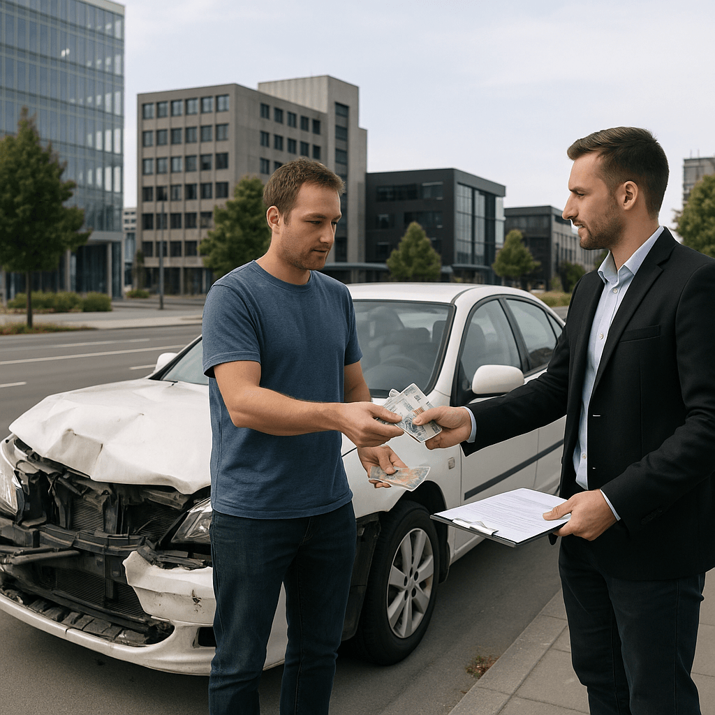 Photorealistic image showing the process of selling a vehicle with accident damage, focusing on valuation and preparation steps