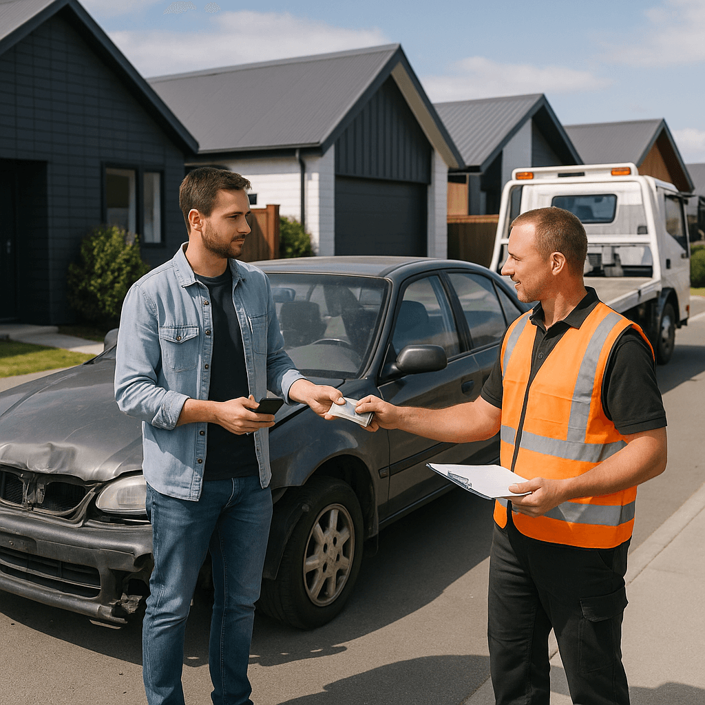Photorealistic image showing a broken car being evaluated for sale