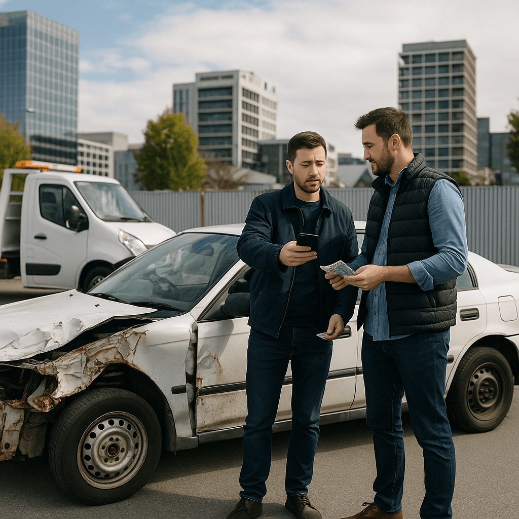 Photorealistic image showing the process of a car being assessed and prepared for sale after an accident