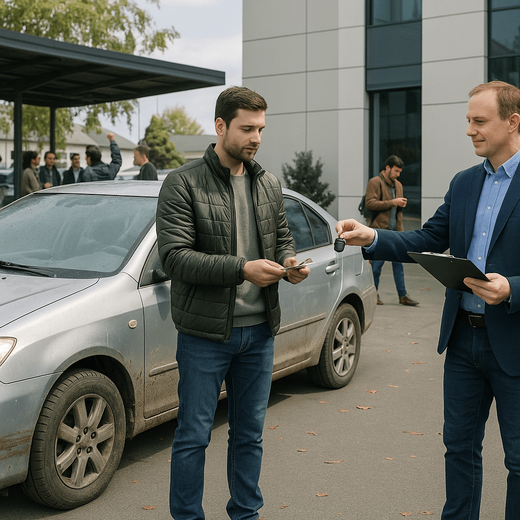 A diverse range of potential buyers examining a flood-damaged car for sale
