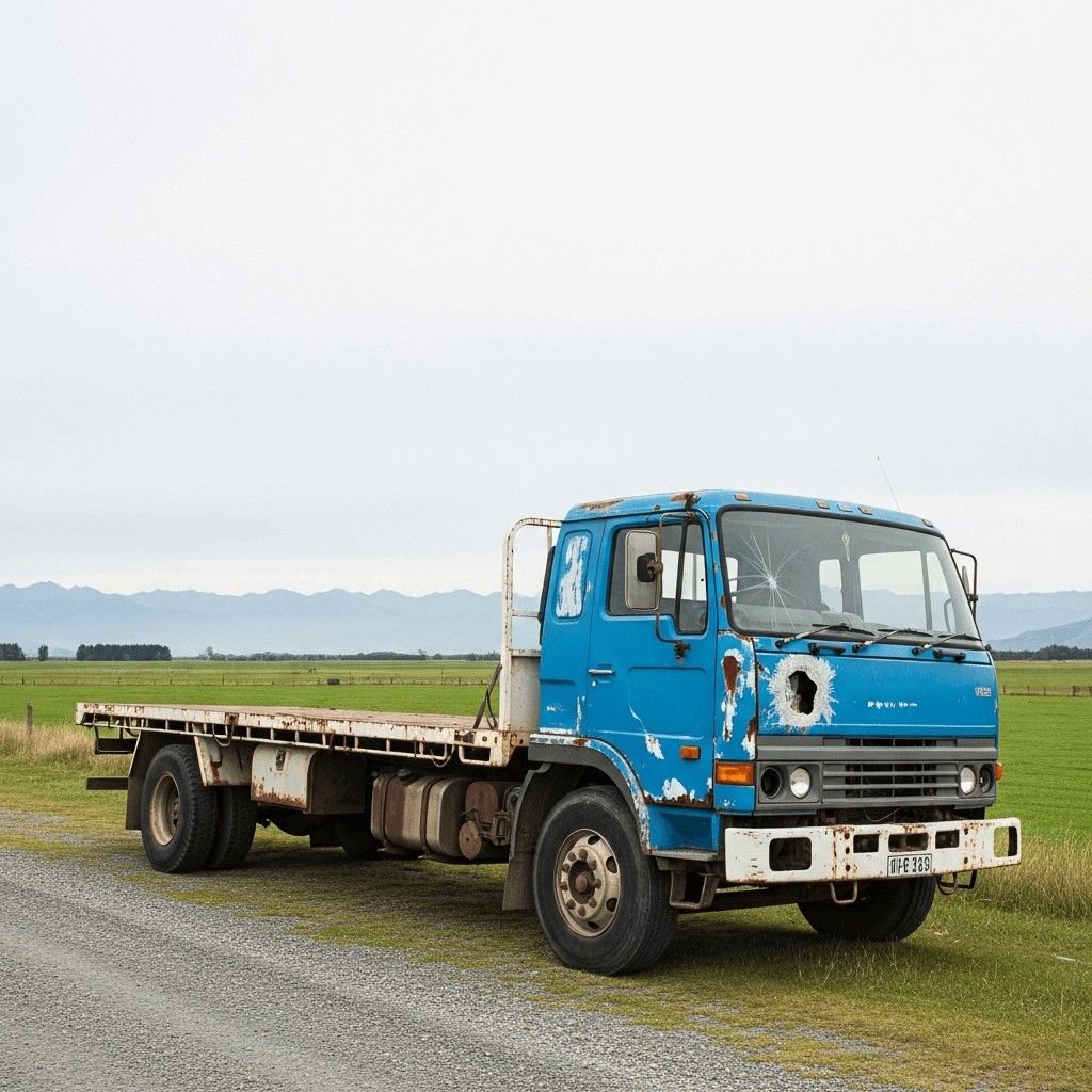 end of life truck being sold for scrap in christchurch countryside