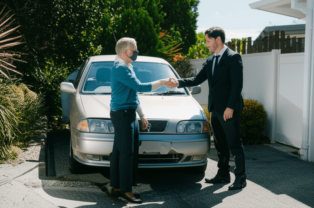 Two people completing a car sale and ownership transfer in Christchurch