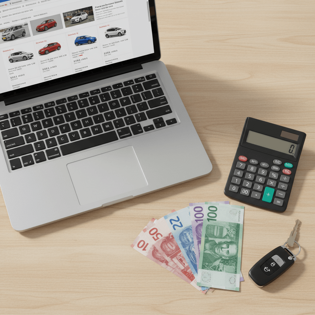 Laptop showing car listings alongside calculator and NZ cash for comparing vehicle valuations