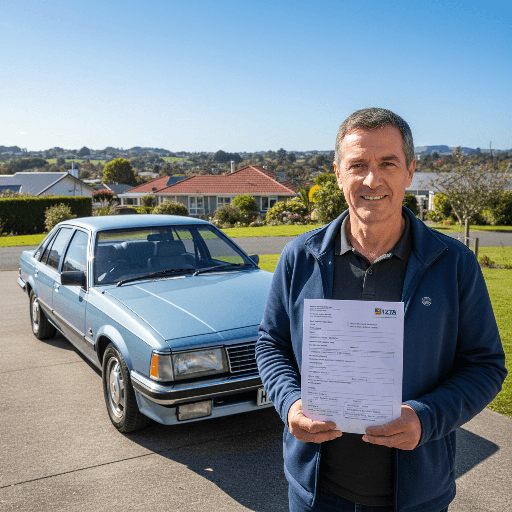 Car owner reviewing vehicle deregistration papers in New Zealand
