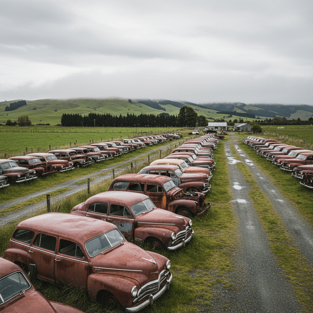 Old cars at a vehicle wrecking yard in New Zealand ready for recycling
