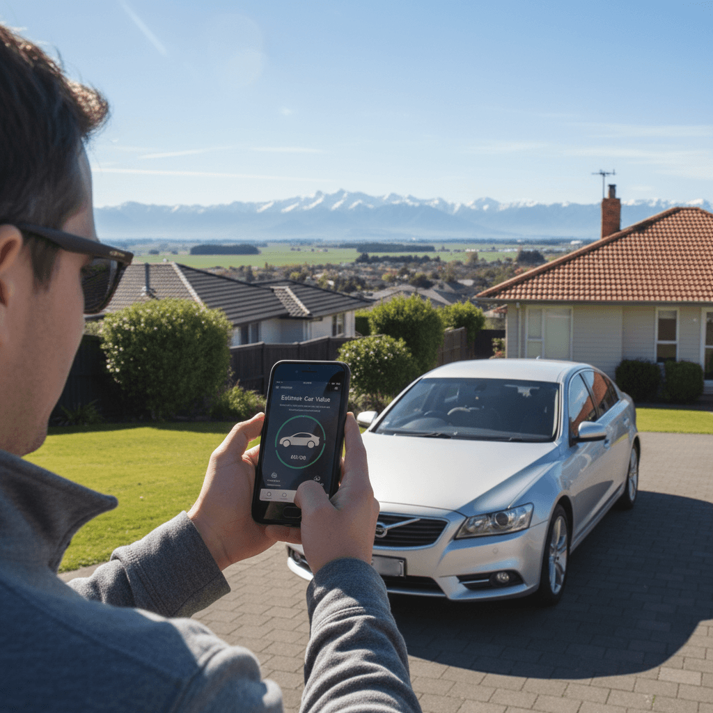 Person using smartphone to get a free car valuation in New Zealand with sedan in driveway