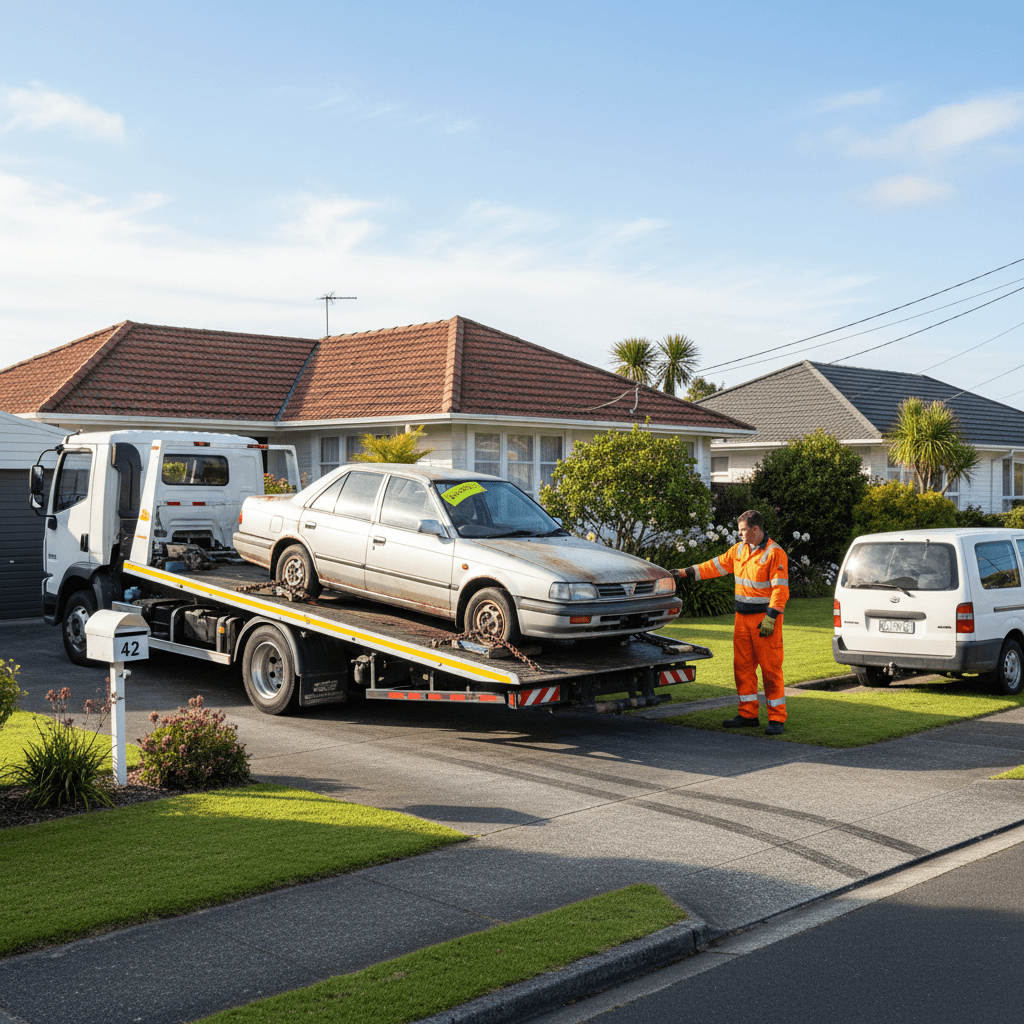 Tow truck removing a deregistered car from a Christchurch property