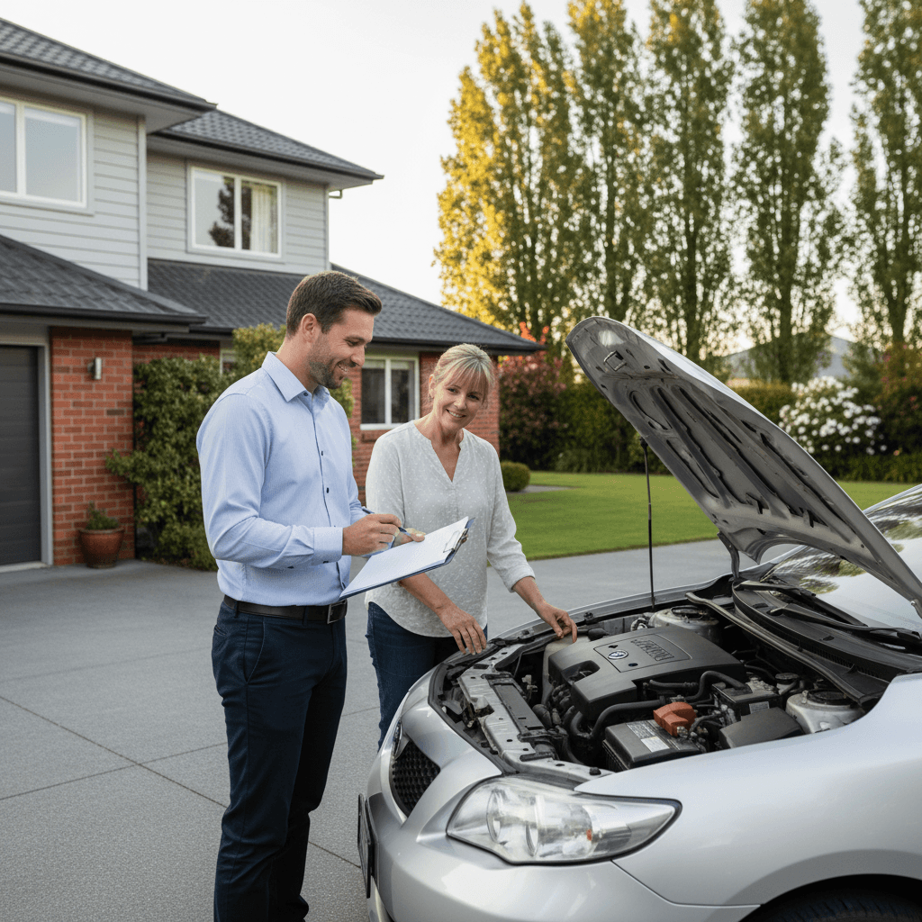 Car buyer appraising a used vehicle at a Christchurch property for a free valuation