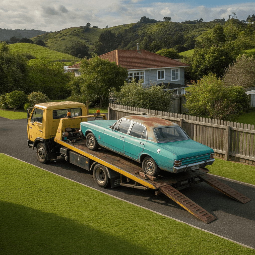 Flatbed tow truck picking up an old car from a Wellington residential driveway for free removal