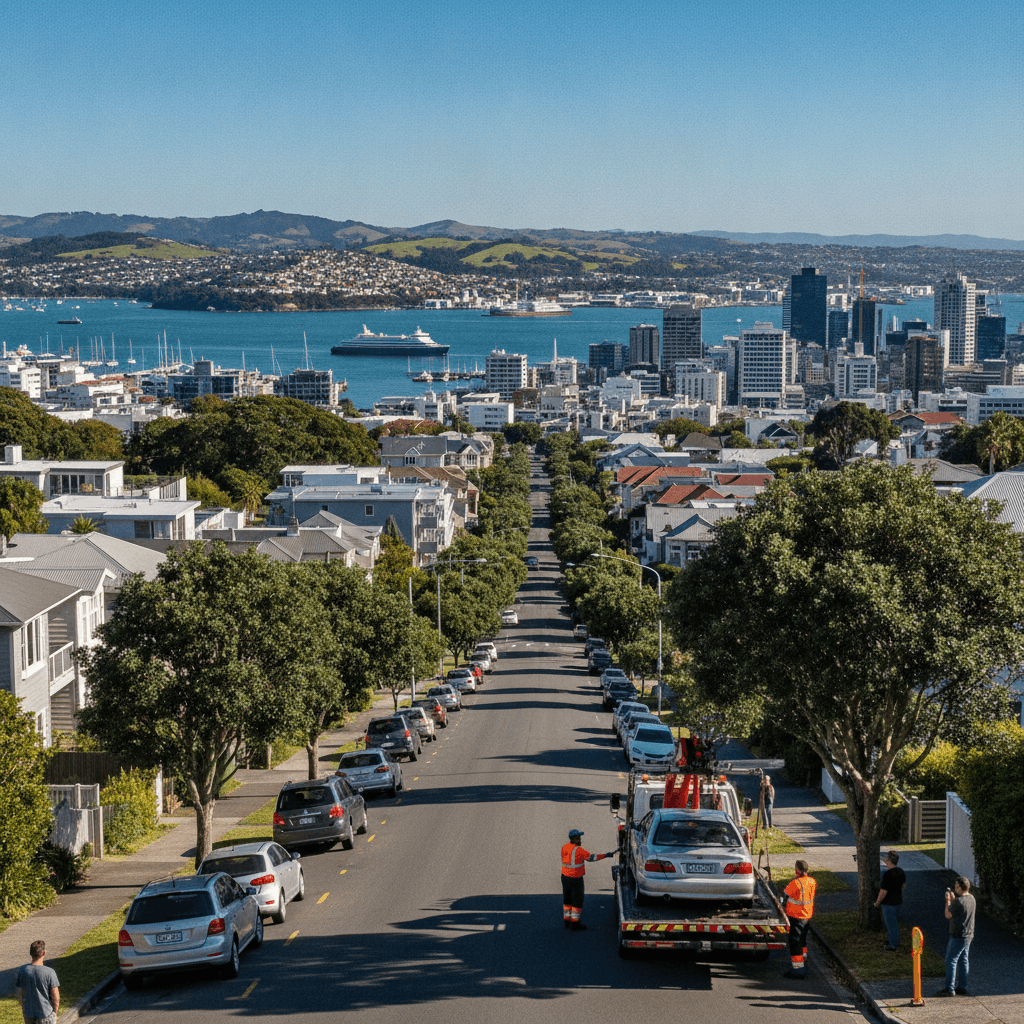 Wellington harbour cityscape with tow truck collecting a car for cash in the Wellington region