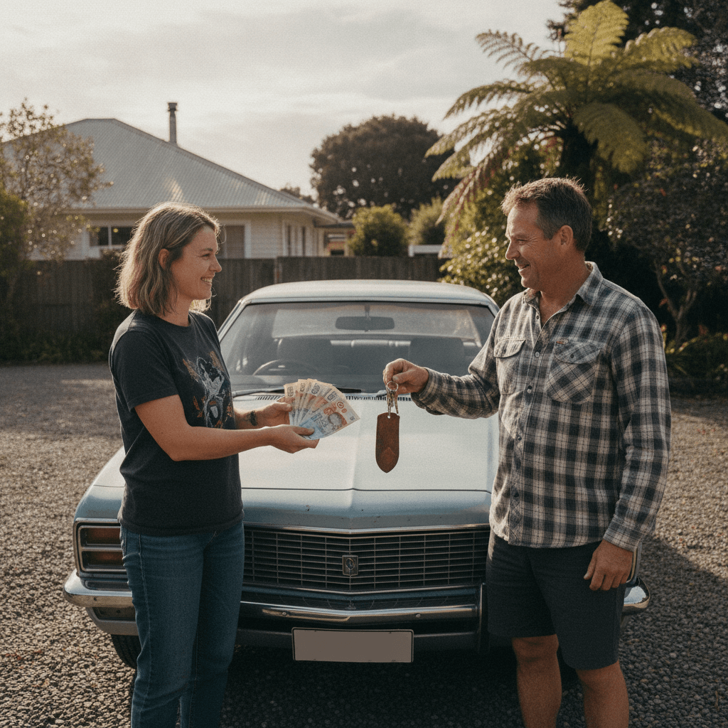 Cash payment being exchanged for car keys during a cash for cars transaction in Wellington